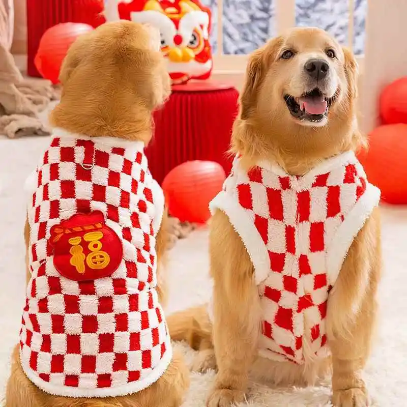 Ropa para Perro Grande de Año Nuevo, Diseño a Cuadros Rojos Gruesos, de Dos Patas, para Golden Retriever y Labrador, Estilo Casual Cálido para Exteriores