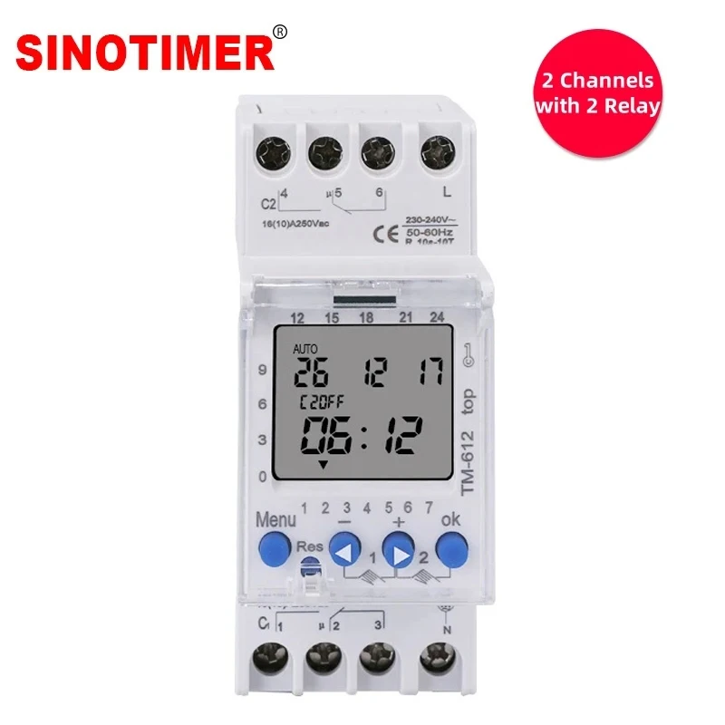 2 Channels Big LCD Display Timer Switch 7 Days Programmable 24hrs Time Clock with Two Relay Outputs 220V AC Din Rail Timers
