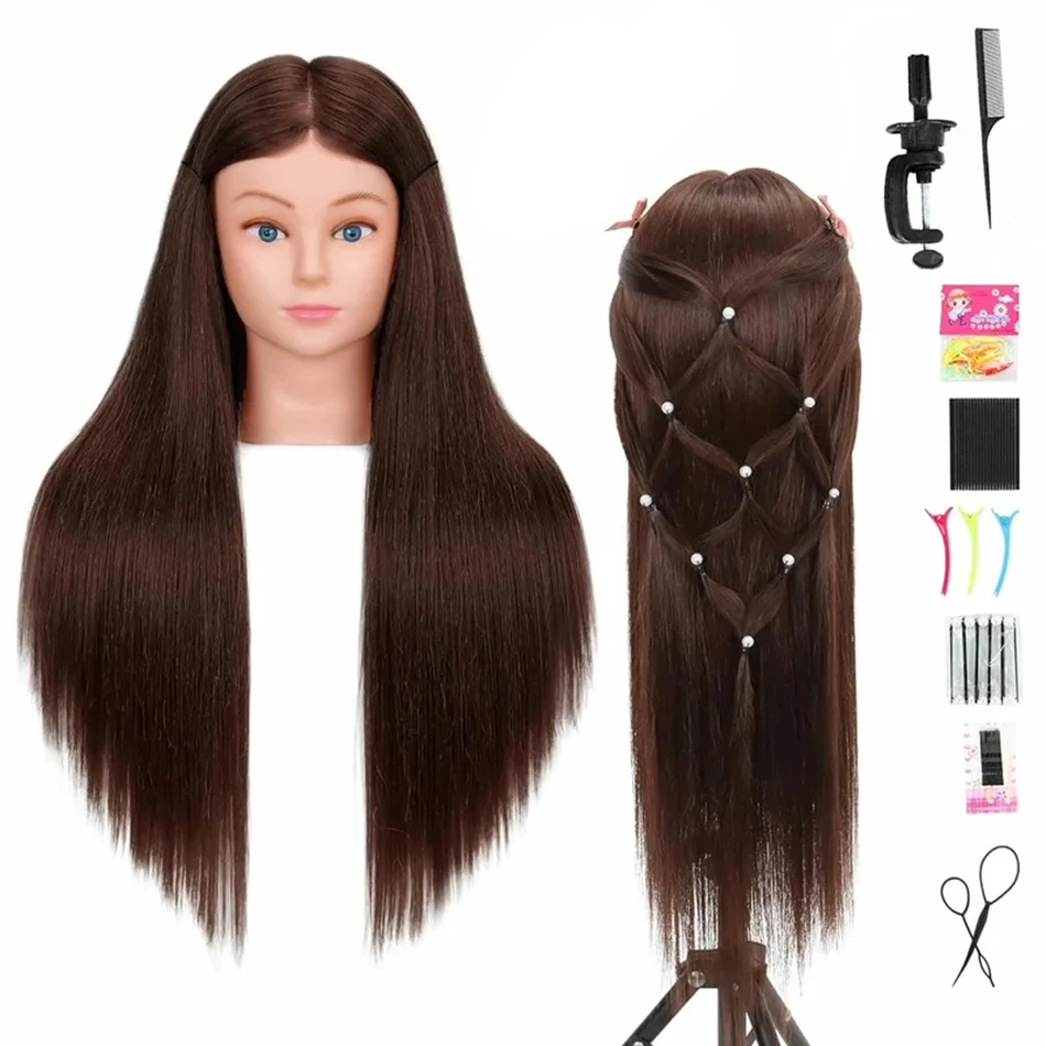 26-28 Inch Long Mannequin Head with 85% Real Human Hair Cosmetology Manikin Head With Stand For Hairdresser Training Practice