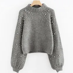 2023 Women Sweater Winter Solid Gray Mock Neck Long Sleeve Pearl Knitted Sweater Women Pullover Knitted Jumper Pull Femme