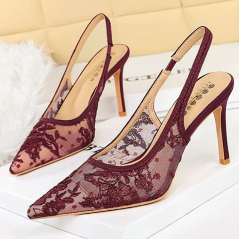 

Elegant Embroidered Mesh High Heels for Women Sexy Pointed-toe Designer Pumps Luxury Party Dress Shoes Sandals