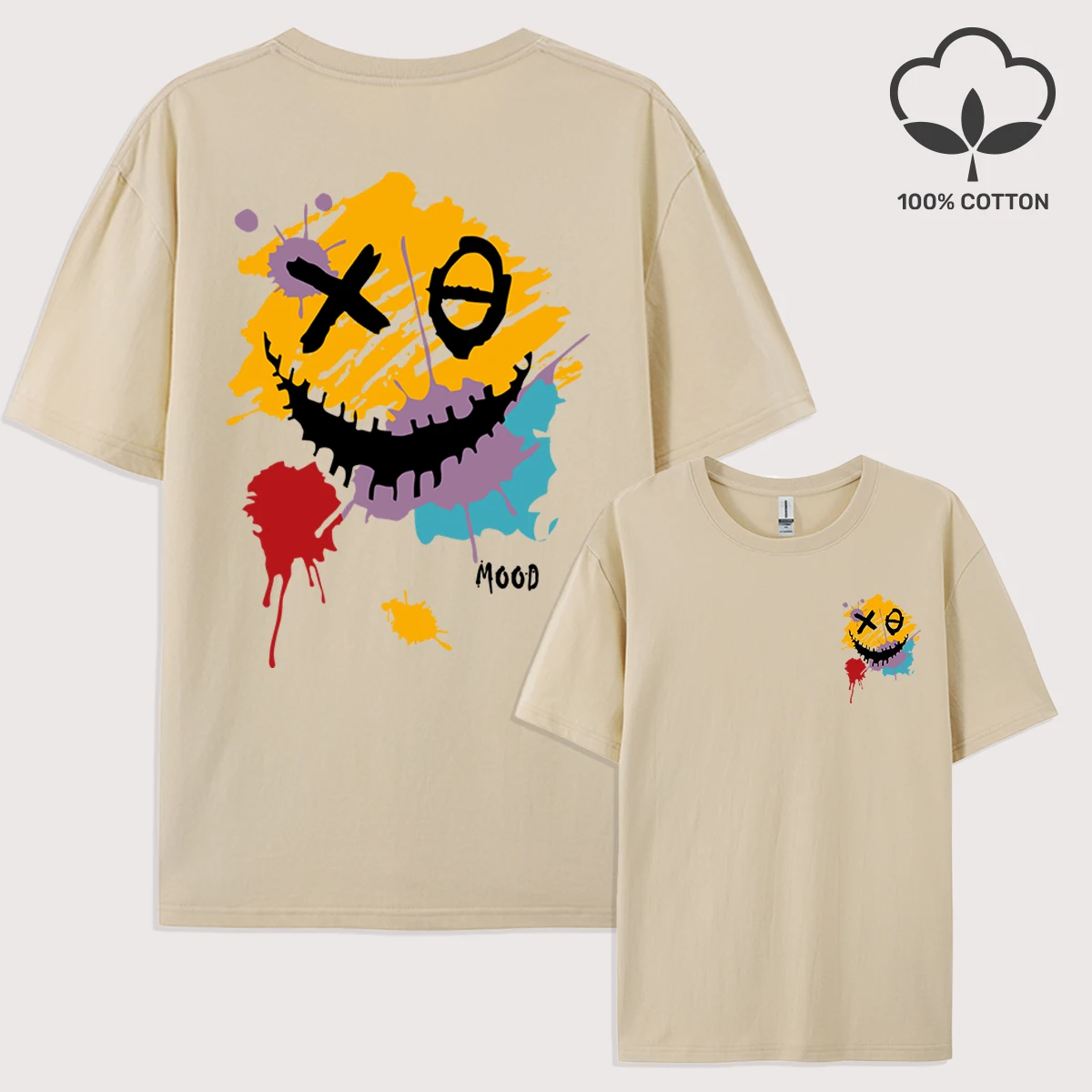 Happy Mood Paint Graffiti Print T Shirt Men Summer New Casual Short Sleeve O-Neck Oversize T-Shirt Cotton Comfortable Top