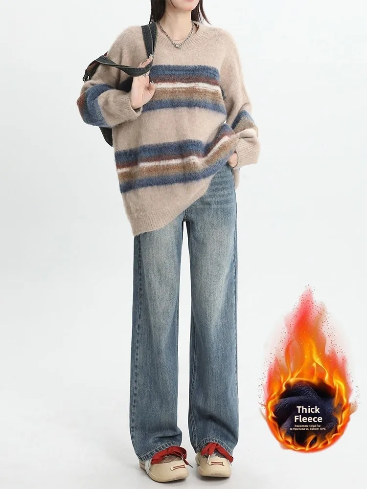 

American Sle Fce Lined Straight Leg Jeans Women's plus Size Pear ape Body Slimming Loose Wide Leg Pants