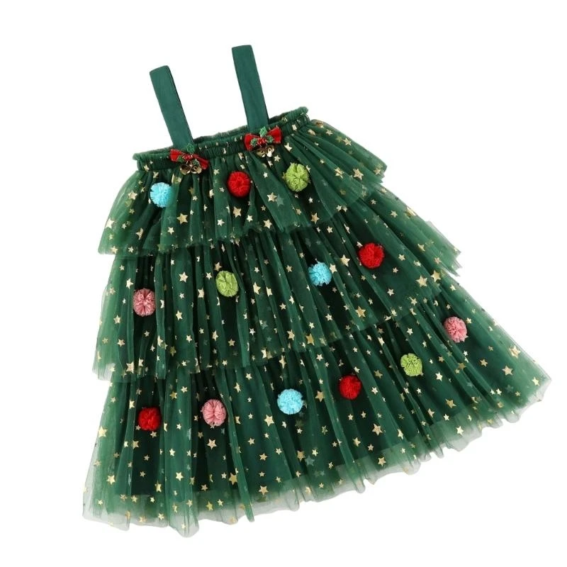 Y4UD Little Girls Christmas Dress Star Print Lace Layered Tulle Sundress Themed Party Dress with Plush Decor for 1-6T