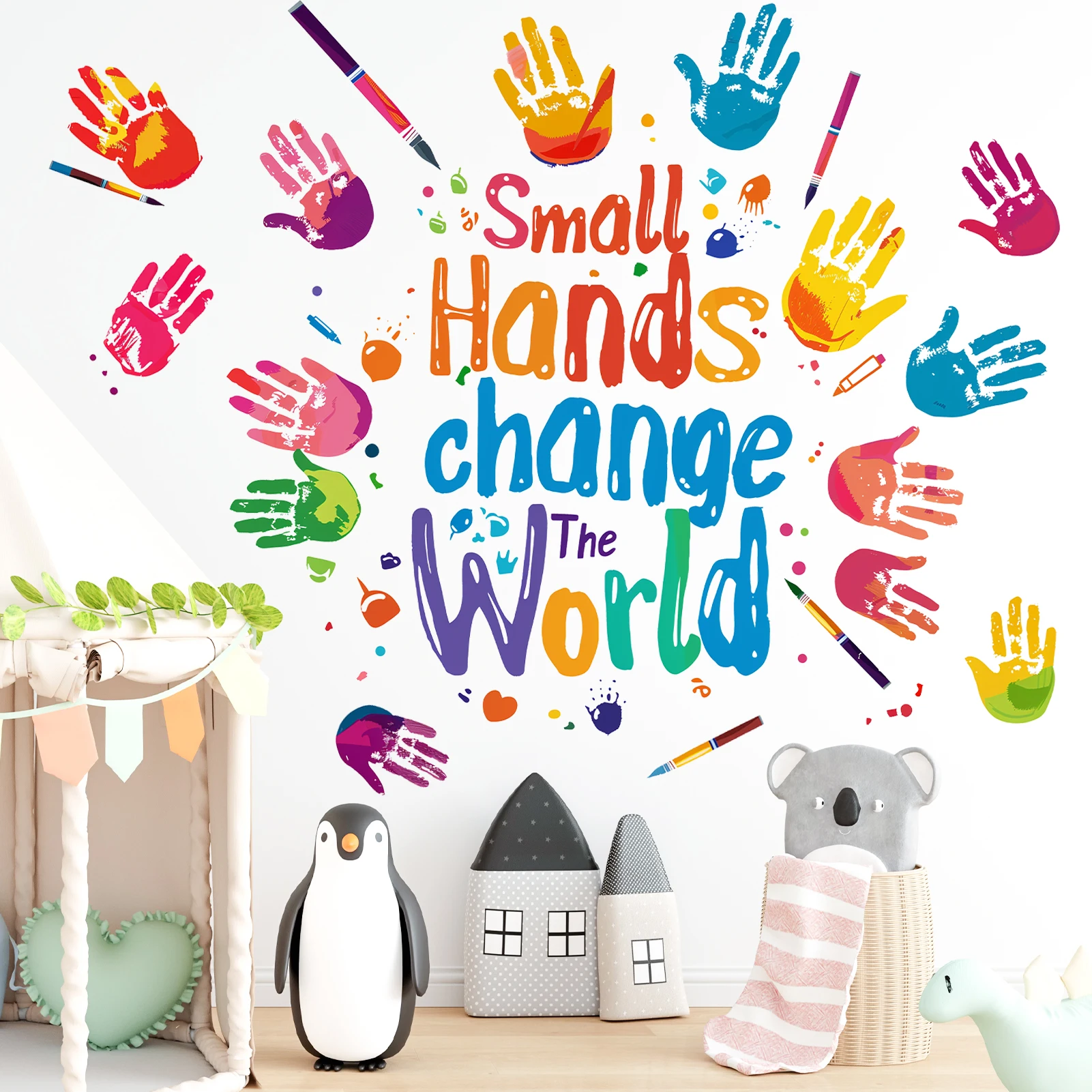 2pcs Inspirational Small Hands Change The World Wall Sticker Handprint Quote Wall Decal Removable Peel and Stick Home Docer