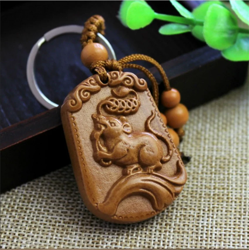 Ethnic Mascot Mahogany Chinese 12 Zodiac Keychain Engraving Wood Car Key Ring Creative Animal Horse Dragon Snake Dog Key Chain