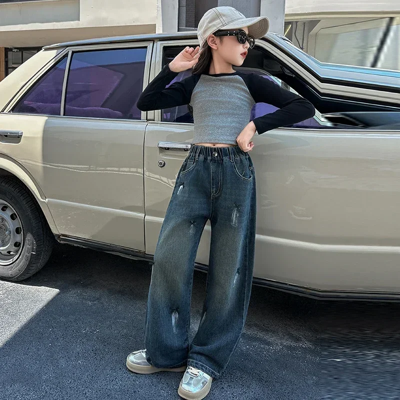 

Fashionable Casual Versatile Straight Trendy Wide Leg Pants 5-15 Years Old Girl's Bow Graffiti Wide Leg Pants Jeans Teenager
