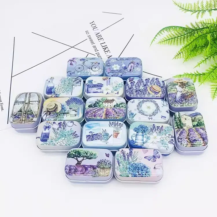 32Pcs(1 Box)  New Lavender Flower DIY Mini Cover Iron Tin Earphone Ring Metal Case / Can/Pill Cute Small Kit/Candy Storage Gift