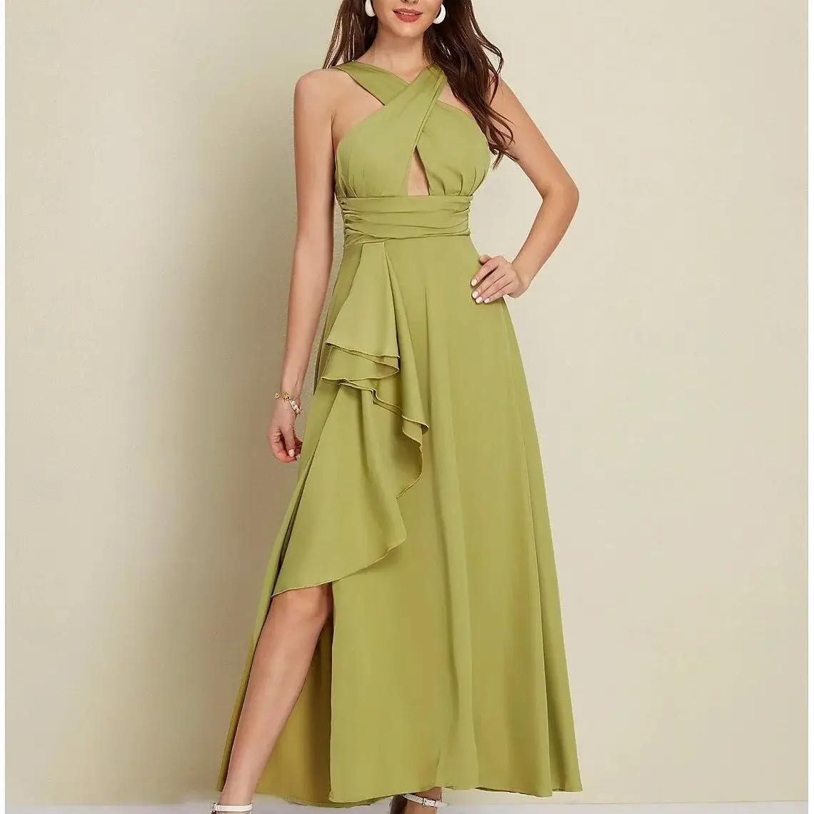 

Fashions Modern A-Line Prom Evening Gown Chiffon Ruffles Halter Sleeveless Ankle Length Wedding Guest Dress 2025 Free Customized