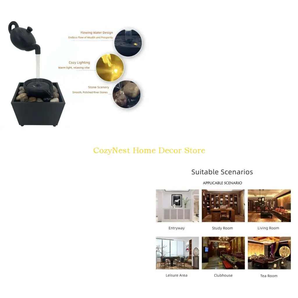 92MF Indoor Water Fountain Tabletop Decoration with Painted Floating Teapot Design and Stone Basin for Desk or Living Room