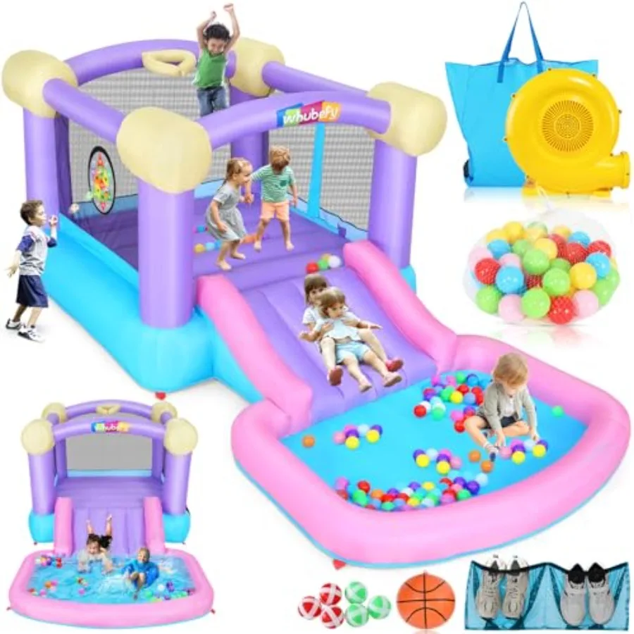 

Inflatable Bounce House for 3-6 with Water Slide Ball Pit Pool 50 Ocean Balls 5 in 1 Bouncy Castle w/ 6 Sticky Ball Dart Board