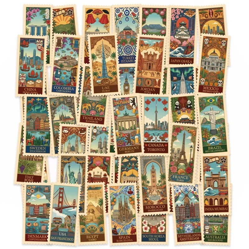 

50PCS World Landmark Stamp Colored PVC Sticker Aesthetic DIY Decoration Phone Laptop Luggage Skateboard Graffiti Decals
