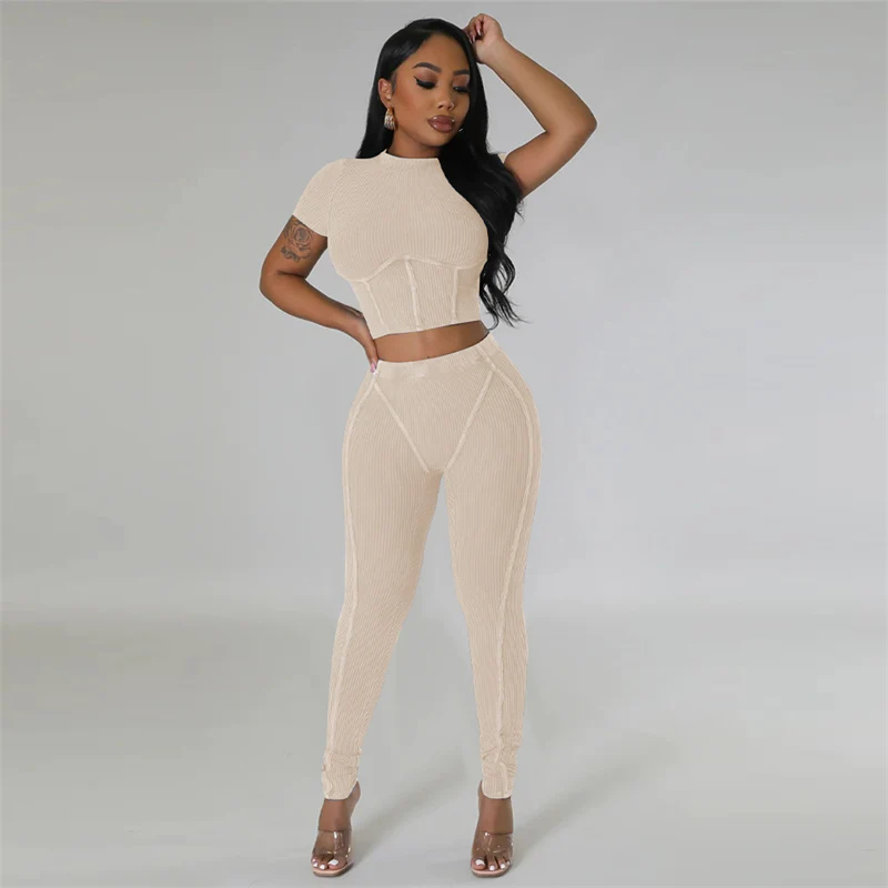 Knitted Ribbed Tracksuit Women Two Piece Set Summer Corset Crop Tops and Pants Sport Suit Casual Fitness Workout Sweatsuits