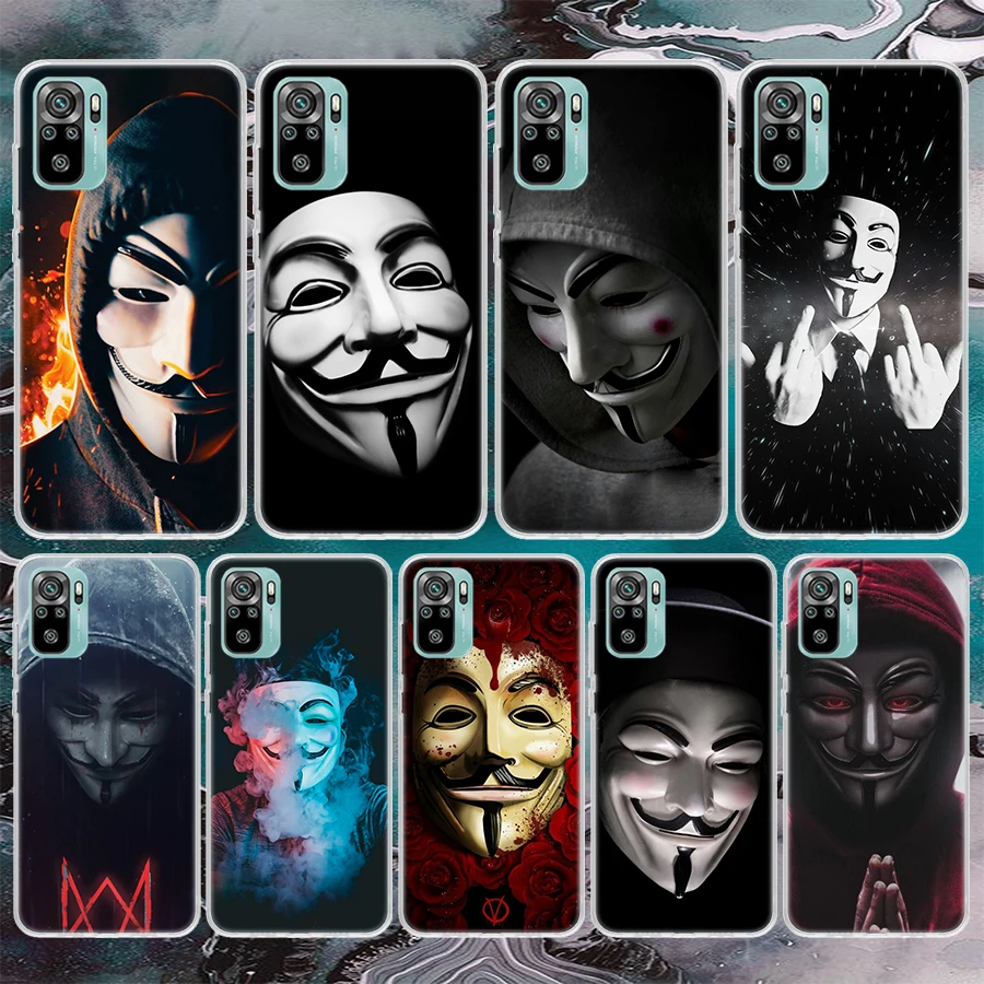 Anonymous V for Vendetta Mask Soft Phone Case For Xiaomi Redmi Note 10 10S 11 11S 11T 9 9S 8T 8 12 11E Pro Plus 7 6 5 Pattern Co