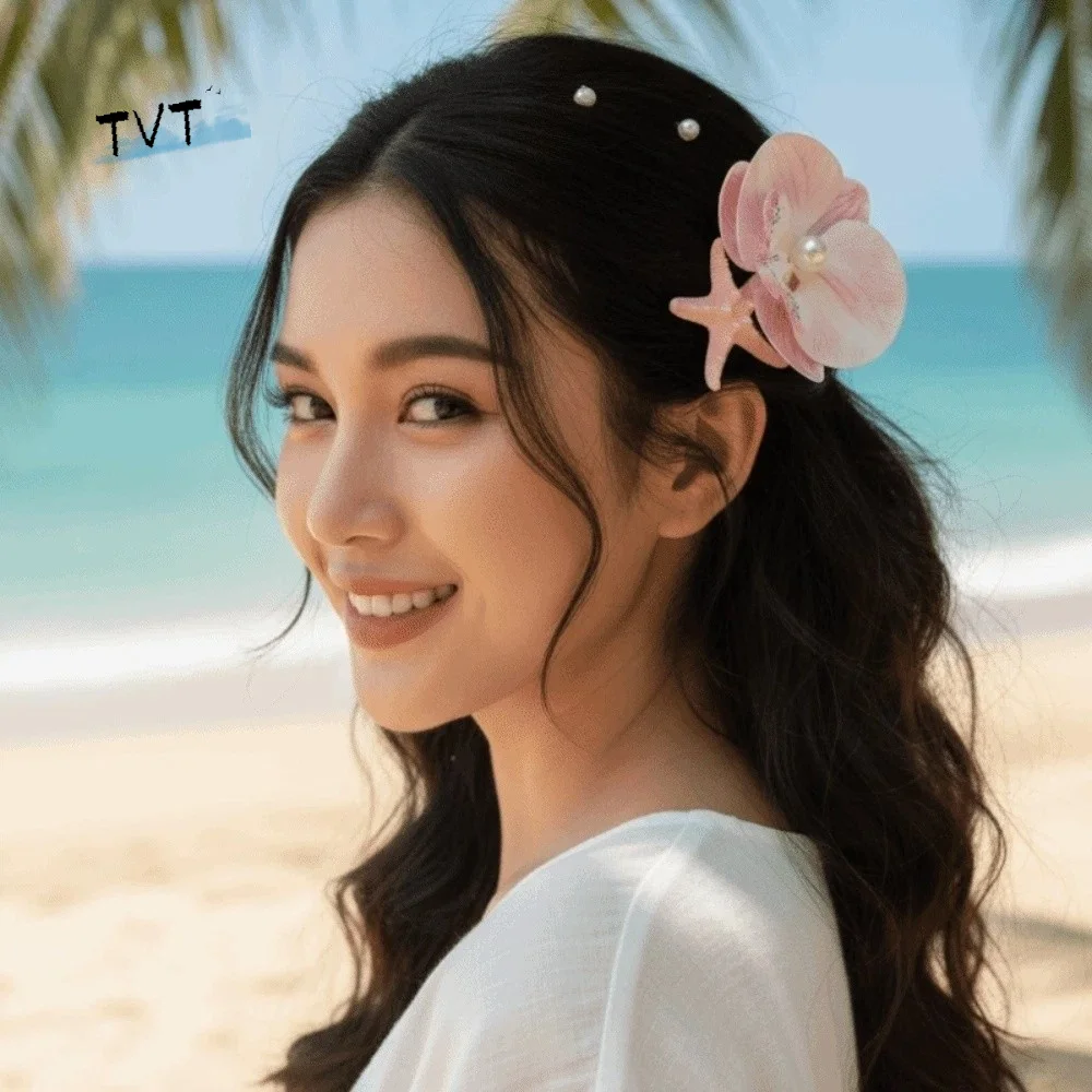 

5 PCS Sweet Butterfly Orchid Hairpin Korean Style Ocean Series Starfish Flower Hair Clip Film Pearls Moth Orchid Side Clip