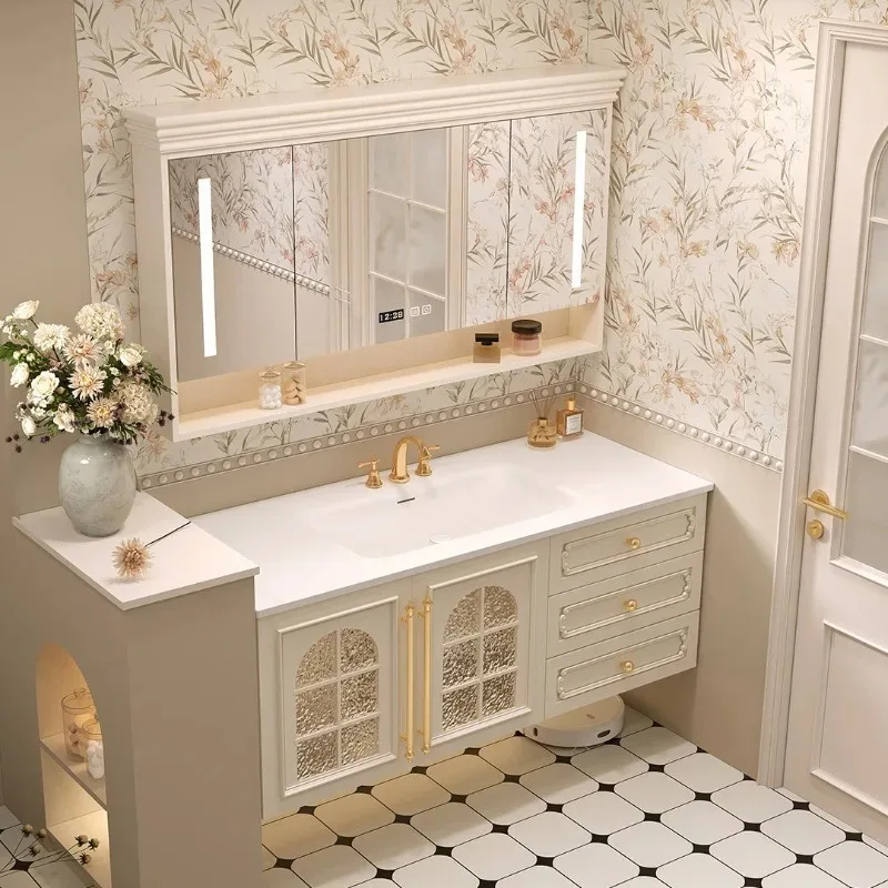 French cream style bathroom cabinet combination bathroom upper orange Corian integrated washbasin slate seamless wash basin