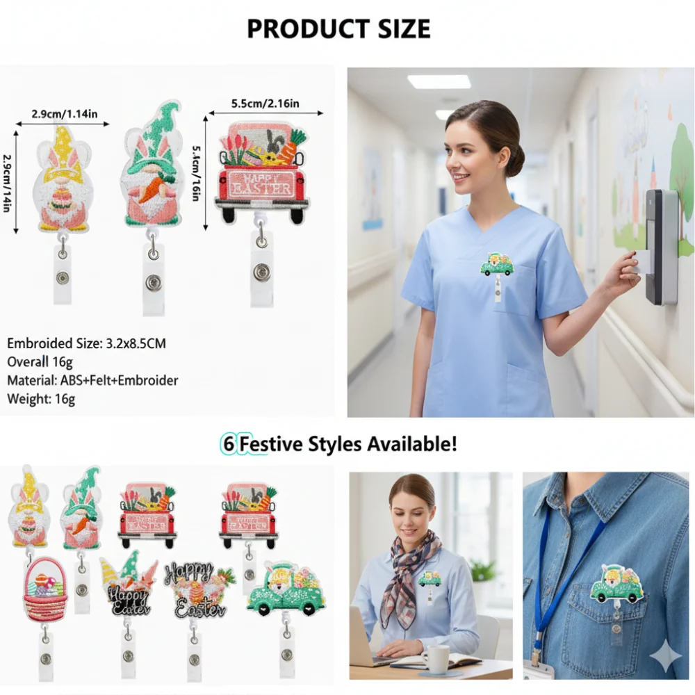 

Retractable Id Card Holder Decorative Felt Badge Clip Embroidery Id Holder Telescopic Easter Badge Holder For Doctor Gift Office