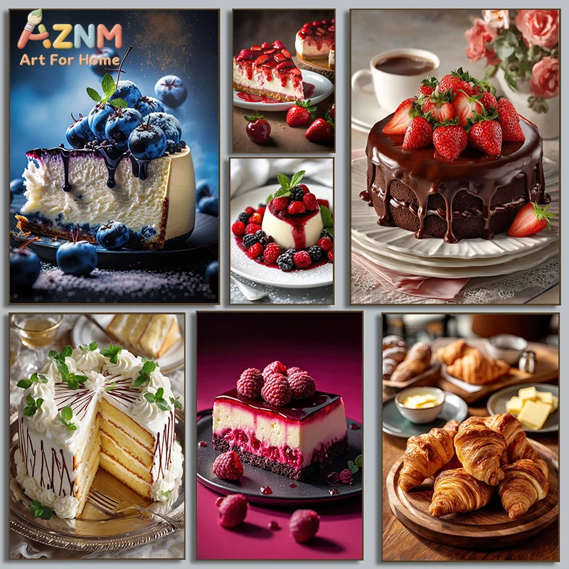AZNM Gourmet Dessert Canvas Wall Art Print Blueberry Strawberry Cake Croissant Photorealistic Bakery Themed Unframed Painting fo