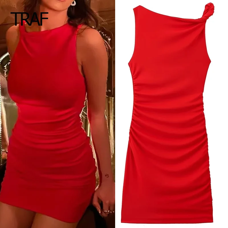 TRAF-vestido rojo sin mangas con volantes para mujer, Vestido corto sin mangas con Espalda descubierta, vestidos elegantes de fiesta de lujo, 2024 Min