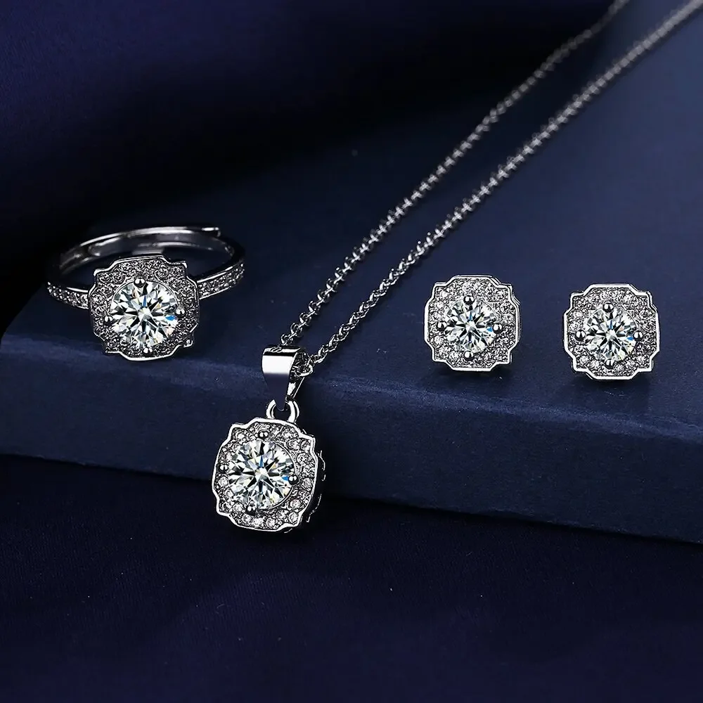 

Elegant Lab Diamond Jewelry set 925 Sterling Silver Party Wedding Rings Earrings Necklace For Women Promise Moissanite Jewelry