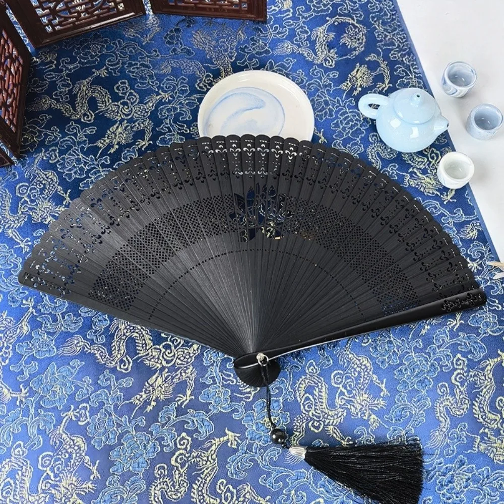 Bamboo Frame Folding Bamboo Hand Fan Hollowed-out with Tassel Retro Handheld Fan Decoration Lotus Flower Mini Shell Fan