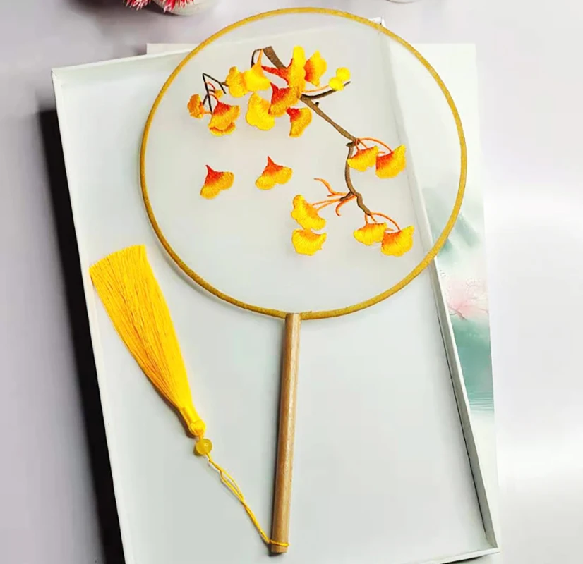 Chinese Round Hand Fan Vintage Printing Silk Fan Ancient Tassel Dance HandFan Cheongsam Tang Suit Wedding Party Accessories