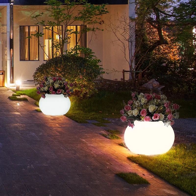 REAQ Drum-Shaped LED Floor Boughpot Luxury Decorative Lights Garden Supplies PE Plastic Flowerpots Hotel Garden Villa Decor