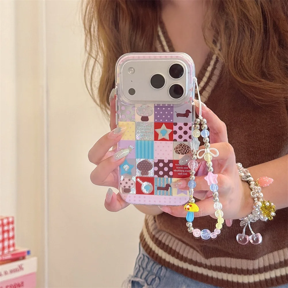 Cute Patchwork Collage Phone Case For iPhone 15 16 17 18 Pro Max Star Dog Colorful Beaded Shockproof Protective Cover For Girls