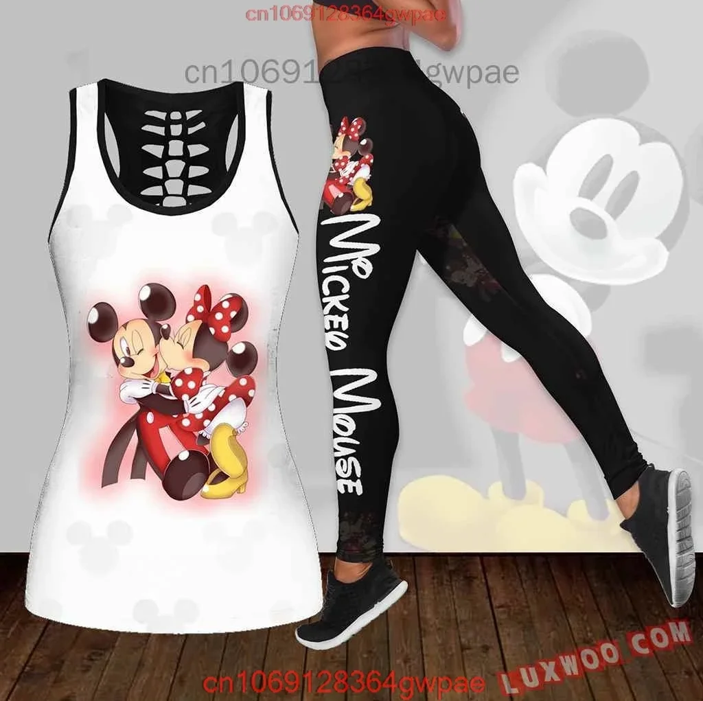 Disney Mickey Minnie Women's Hollow Vest + Women's Leggings Yoga Suit Fitness Leggings Sports Suit Tank Top Legging Set Outfit