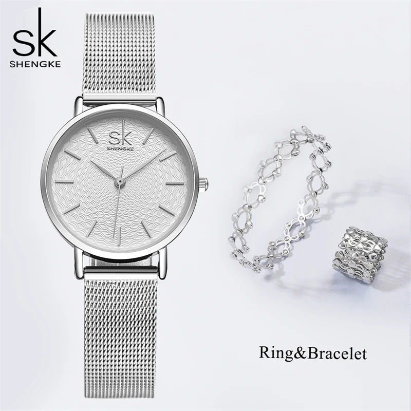 Shengke Elegant Women\'s Watches 2 In 1 Magic Retractable Ring Bracelet Set Top Sales Brand Ladies Quartz Wristwatches Best Gifts