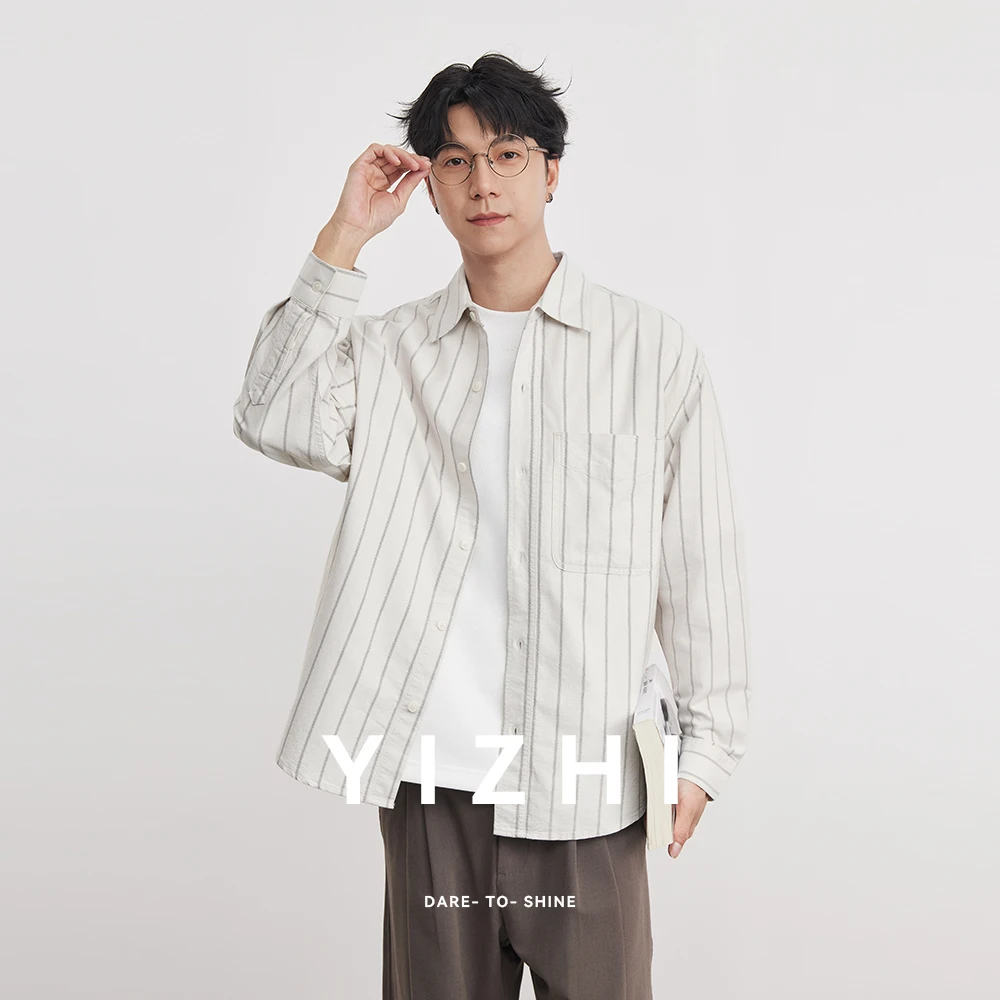 

Fashion Oxford Wide Striped Cotton Lapel Long-sleeved Shirt Men Spring And Autumn 2026 New Men's Shirt Trend