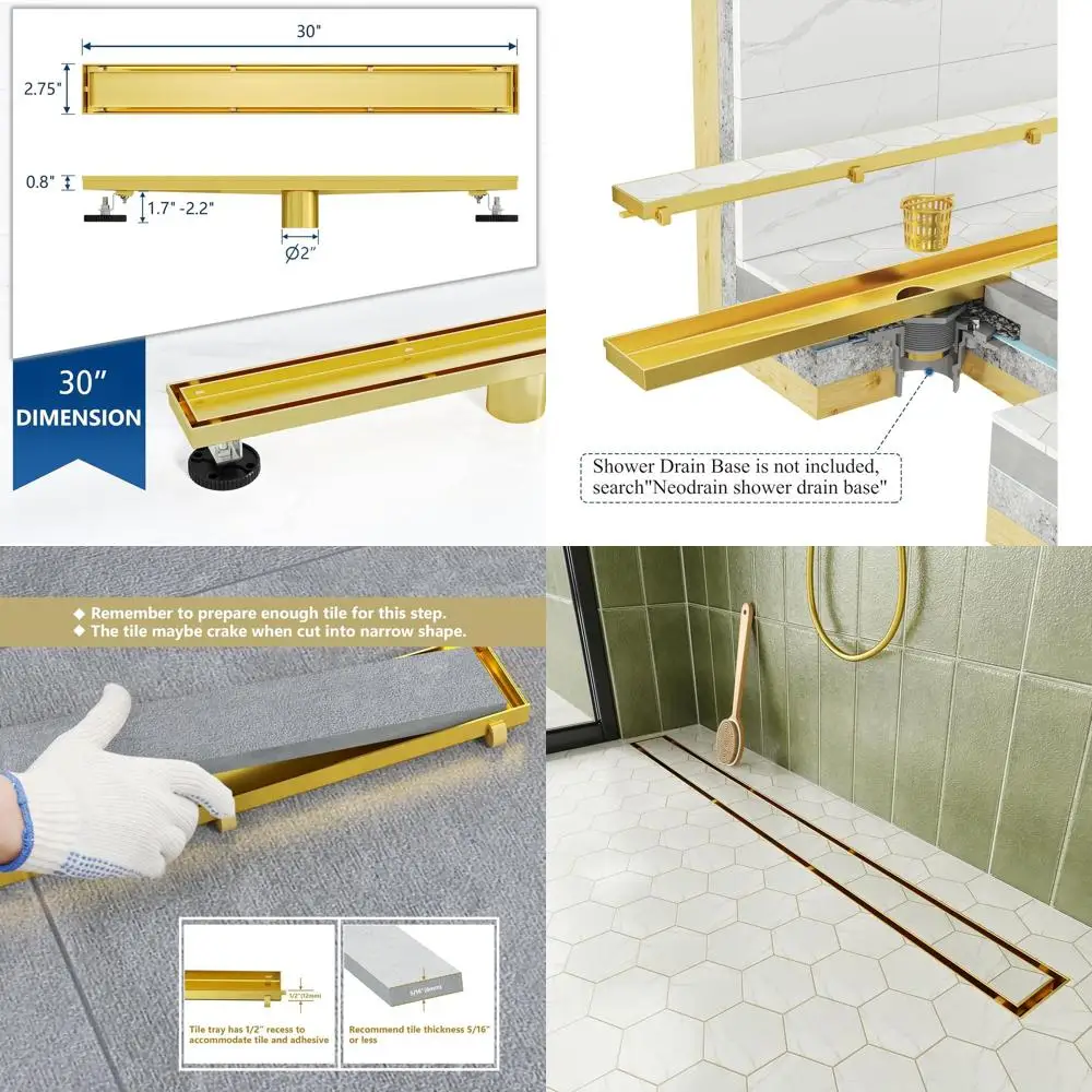

30 Gold Linear Shower Drain with Tile Insert, 304 Stainless Steel, Leveling Feet, Hair Strainer, CUPC Certified