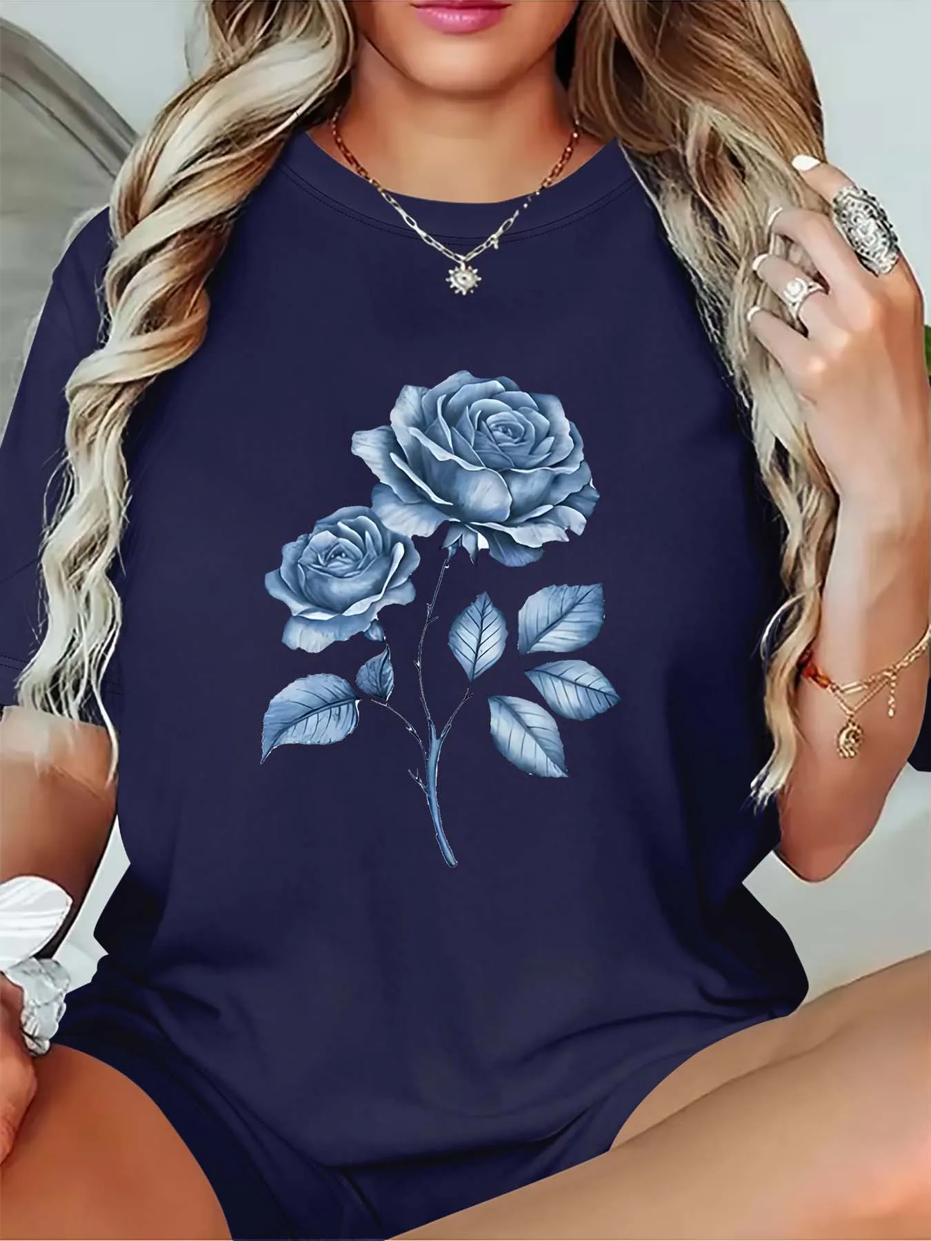 

Plus - Size Women's T - Shirt, Blue Rose Floral Graphic Tee