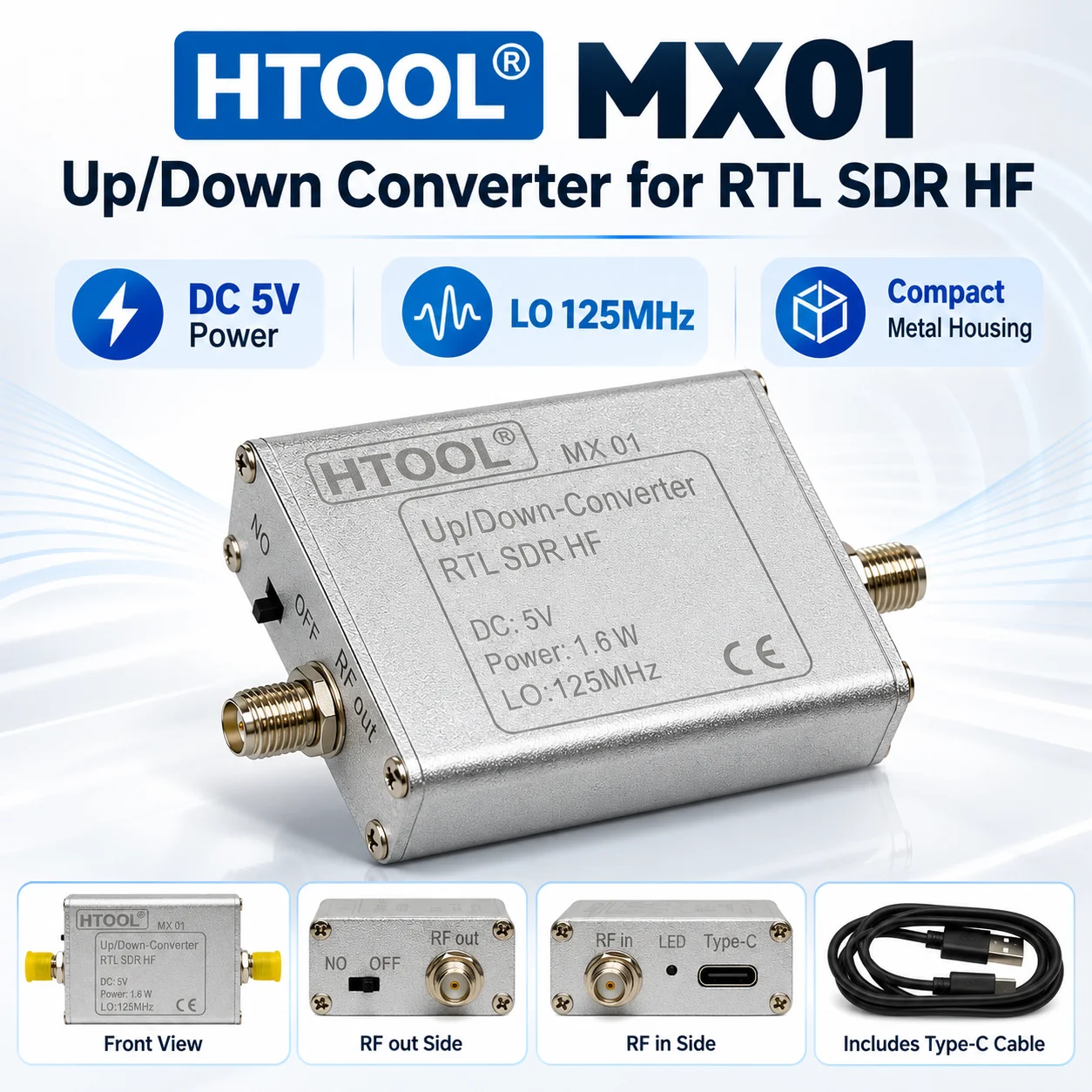 HTOOL MX01 150K-30MHz Upconverter Cellular Radio Compliant Aluminum Case 5V Power 50Ω Impedance For RTL2383U SDR Test Equipment