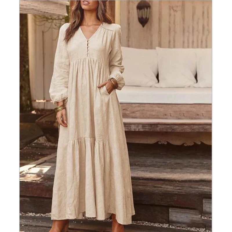 Vestido maxi feminino com decote em V manga comprida em camadas linha A primavera outono vestido longo de cor sólida com decoração de botões