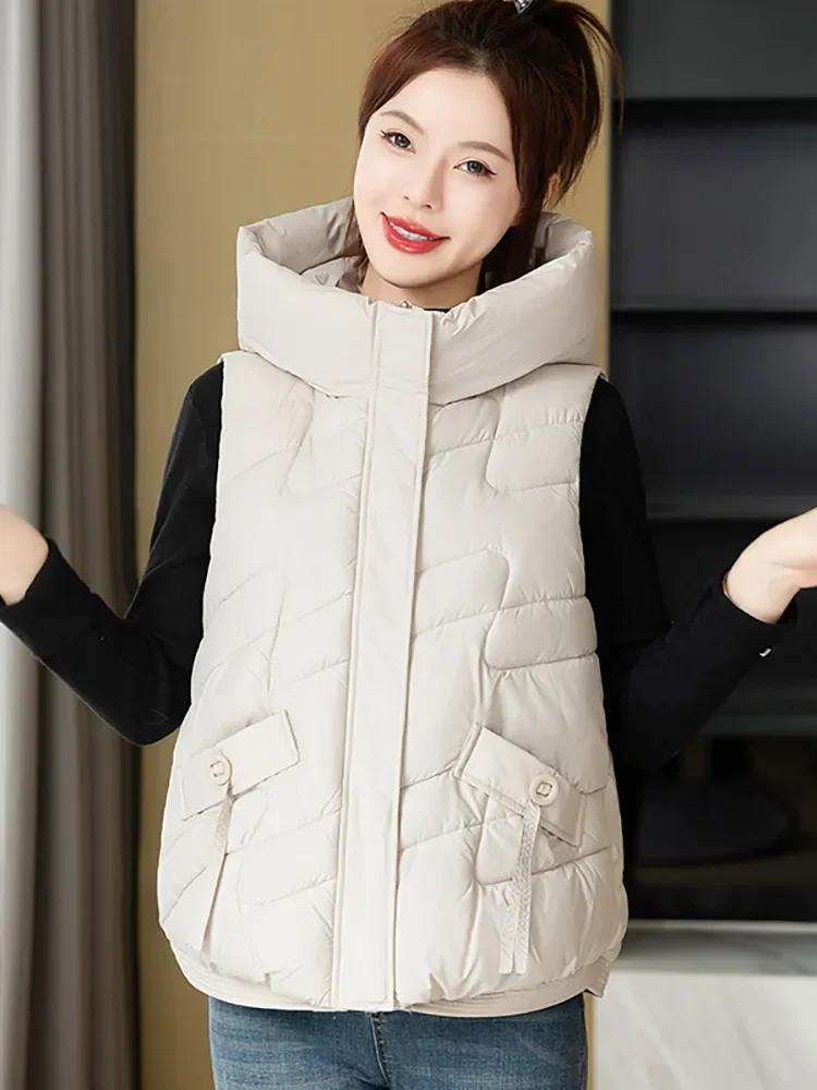 Vielleicht New 2024 Autumn Winter Puffer Vest Women Loose Hooded Sleeveless Short Vest Jackets Cotton Padded Winter Waistcoat