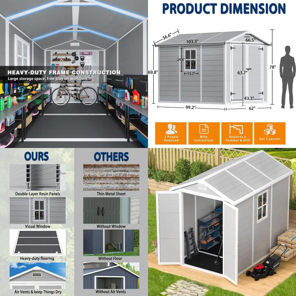 

Gray Weather-Resistant Outdoor Plastic Storage Shed with Floor, Windows, Lockable Door, and Vents for Lawn, Garden, Backyard