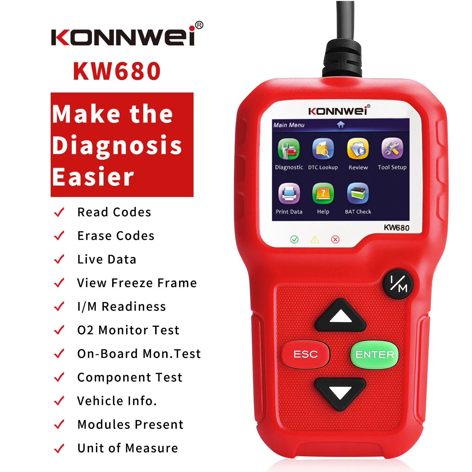 For KONNWEI KW680 OBD2 Scanner Auto Car Diagnostic OBDII Tools Car Clear Fault Error Real Time Battery Voltage Monitoring Eight