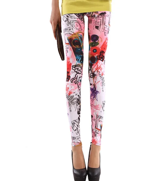 Leggings de mujer ajustados con cintura elástica y grafiti con estampado floral y calavera, trajes de uso diario