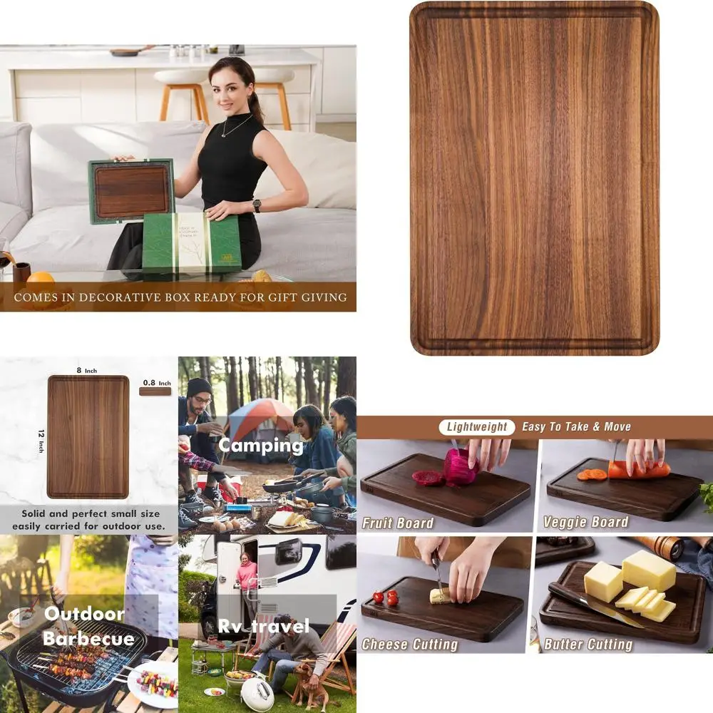

12x8 Inch Walnut Chopping Board with Deep Groove & Side Handle - Durable Kitchen Cutting Block for Meat, Cheese, Gifts