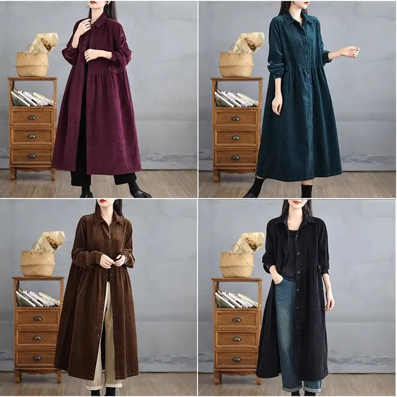 Retro Artistic Style Corduroy Trench Coat For Women 2024 Autumn/Winter Long Single Breasted Casual Loose Outerwear k2772