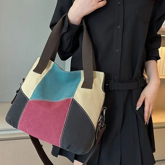 

Fashion Women's Bag Contrasting Color Canvas Bag Retro Contrasting Color Splicing Cloth Bag New Shoulder Bag