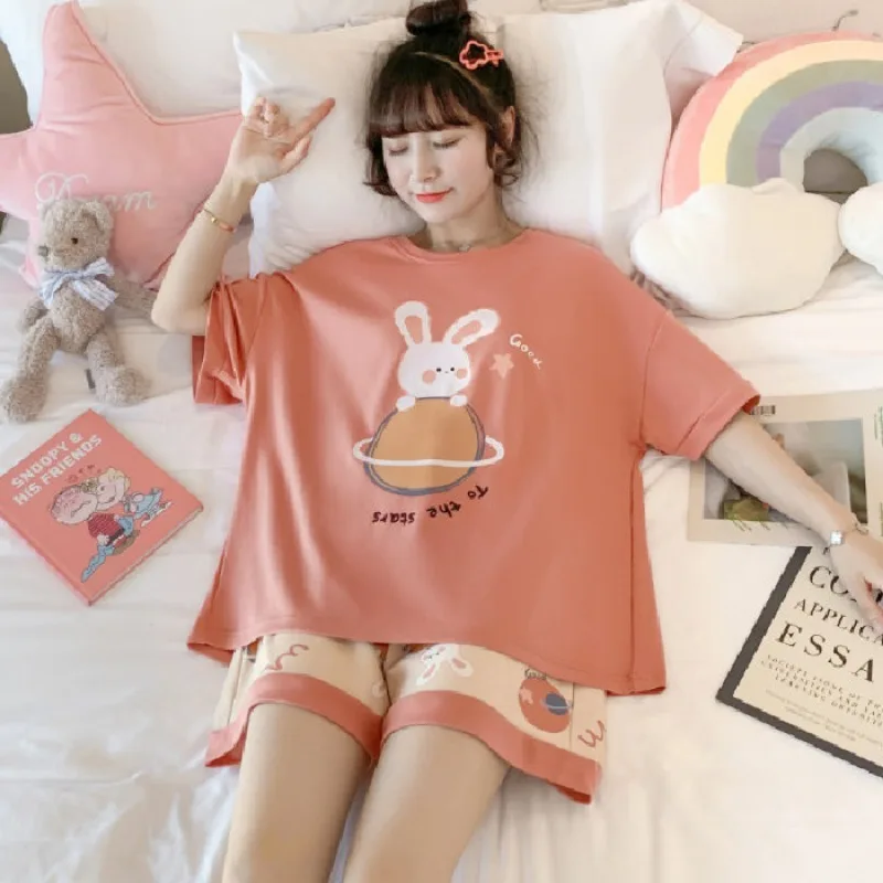 Sweet Cute Nightwear Women Thin Short Sleeve Cartoon Bear Pajamas O-Neck Pullover Student Sleepwear Loungewear Set Korean