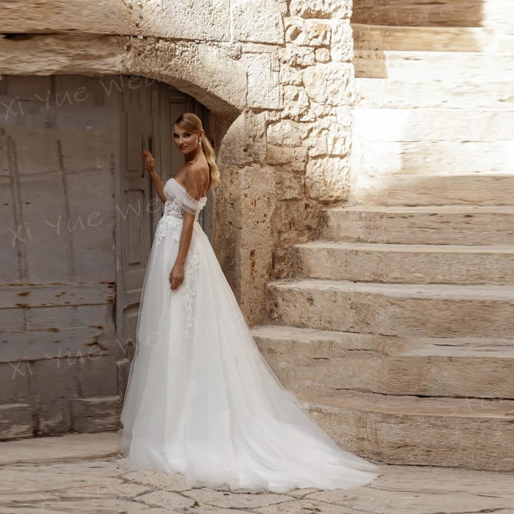 Vestidos de casamento graciosos de renda para mulheres, lindos vestidos de noiva sem encosto, fora do ombro, apliques clássicos