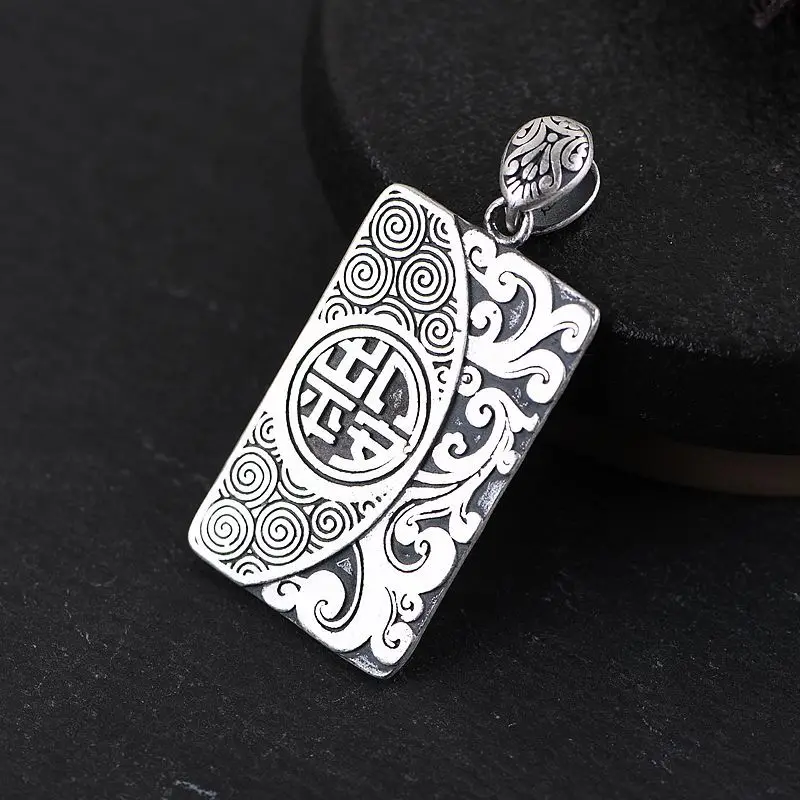 BOCAI New S925 Silver Marcasite's Retro Ethnic Style Xiangyun Ruyi Wen Tai Yinfang Man Pendant