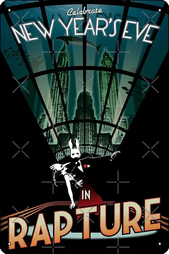 BioShock New Year's in Rapture Poster 8 x 12 Inch Funny Metal Tin Sign Game Room Man Cave Wall Decor