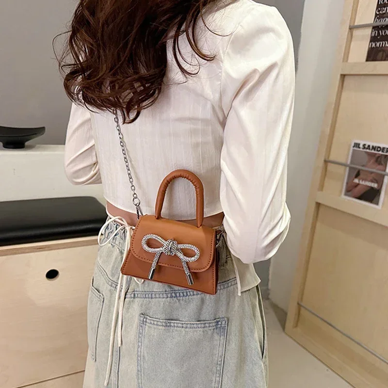 Bow Design Solid Color Mini Shoulder Bag Pu Leather Flap Crossbody Bags for Women 2024 Fashion Female Chain Purse and Handbags