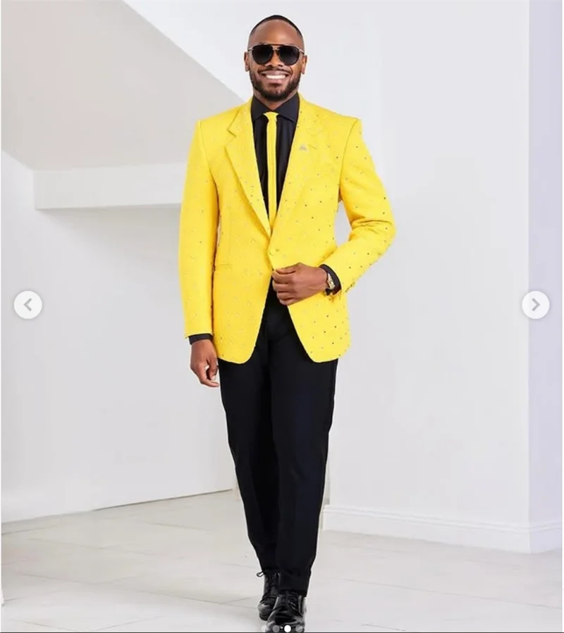 

Yellow Crystals Men Suit Set 2 Pcs Blazer+Cotton Pants Trouser Formal Office Coat Wedding Tuxedo Customized Jacket Outfit