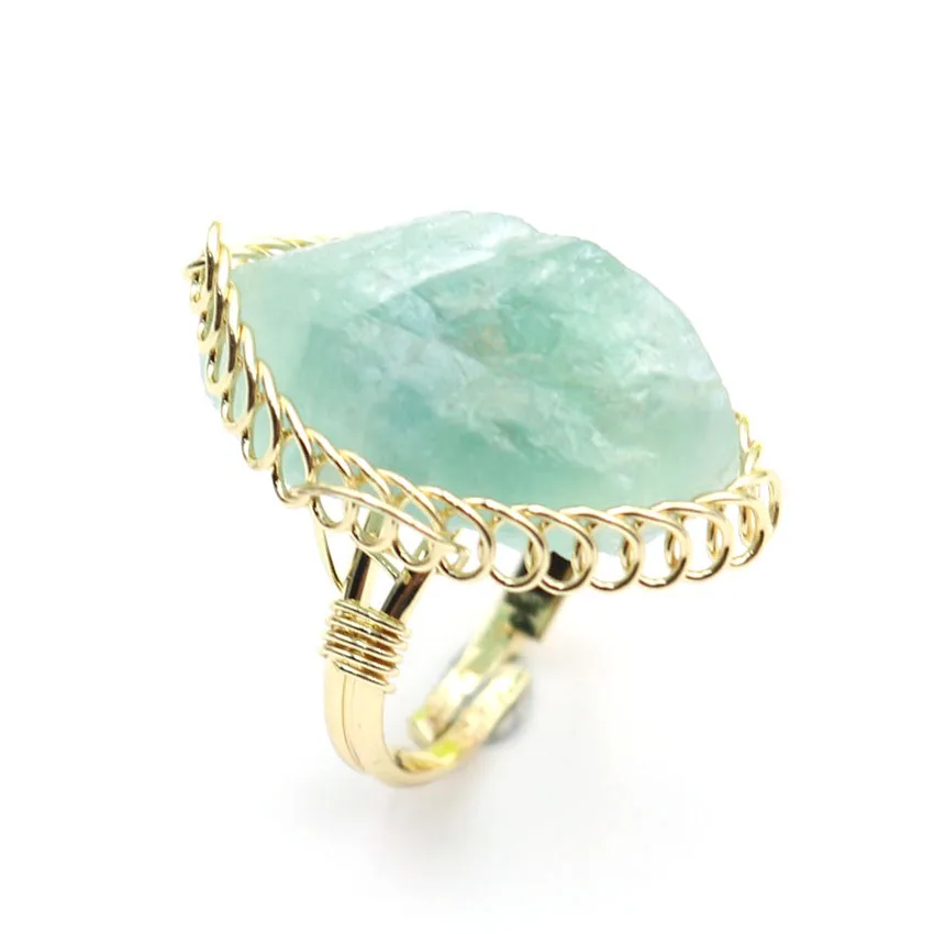 Light Yellow Gold Color Wire Wrap Irregular Shape Green Fluorite Stone Resizable Finger Ring Black Tourmaline Jewelry