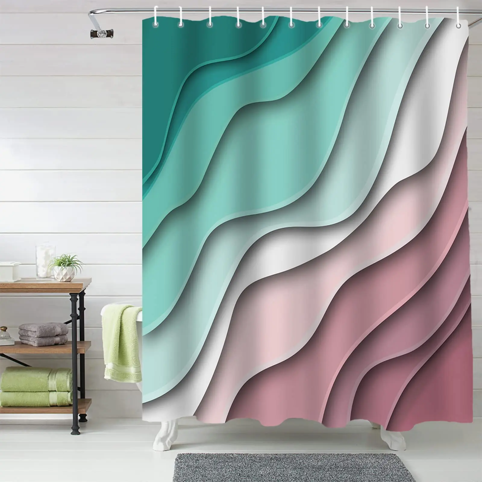 Fabric Teal Blue Shower Curtain Aesthetic Ombre Brown Cream Shower Curtains Modern Abstract Geometric Beach Bathroom Curtain Set